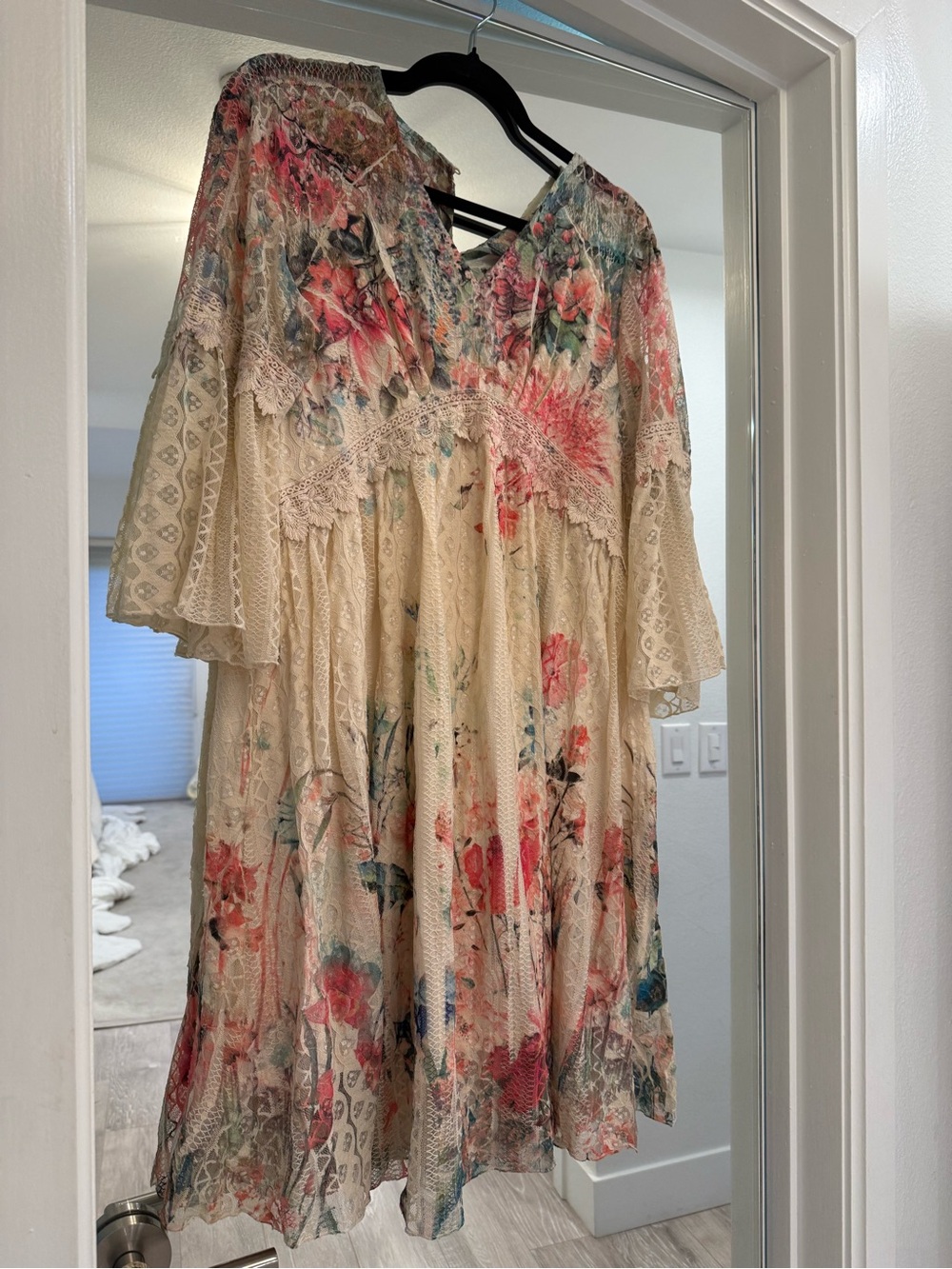 Boho Floral Lace Long Sleeve Dress - Cream with Pink & Green